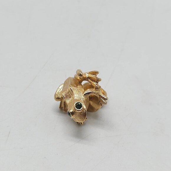 Gold Tone Avon Frog Lapel Pin Green Rhinestone Eyes Textured Finish - Picture 2 of 5